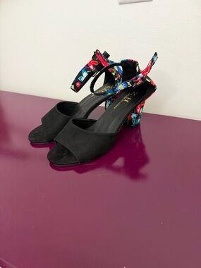 Black Suede Open-Toe Sandals with Floral Ankle Strap